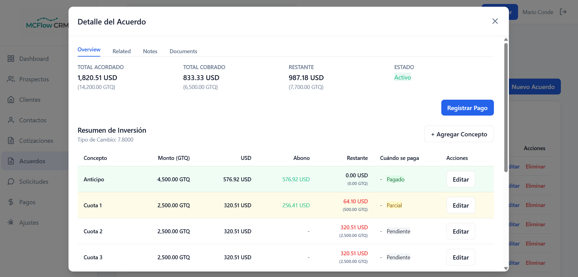 Acuerdos y planes de pago en McFlow CRM