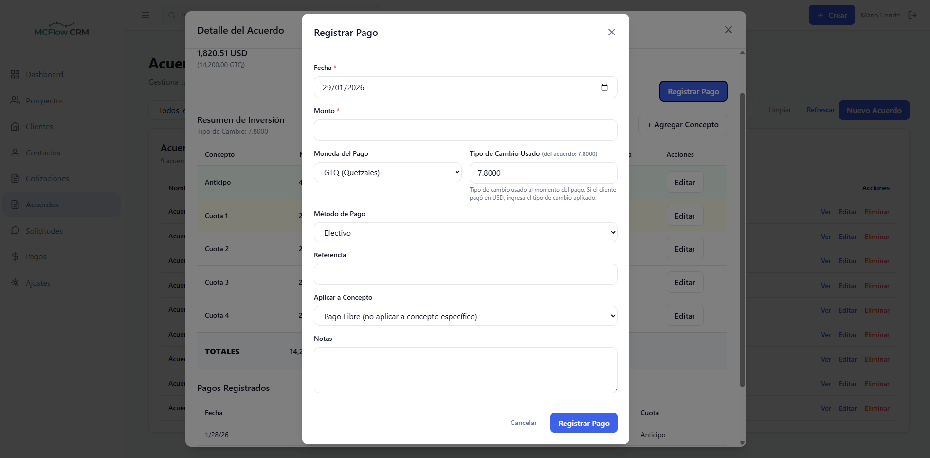 Registro de pagos en McFlow CRM